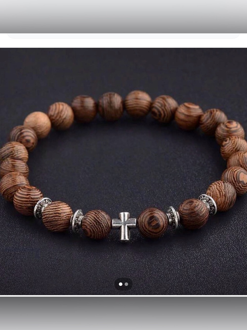 Men's Brown Wood Bead Bracelet with Silver Cross